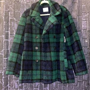 OLD Navy Plaid Fleece Sherpa Pea Coat Green/Blue Sz XL NWTS
